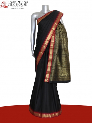 Exclusive Black Temple Kanjeevaram Silk Saree-1 Meter Contemporary Pallu